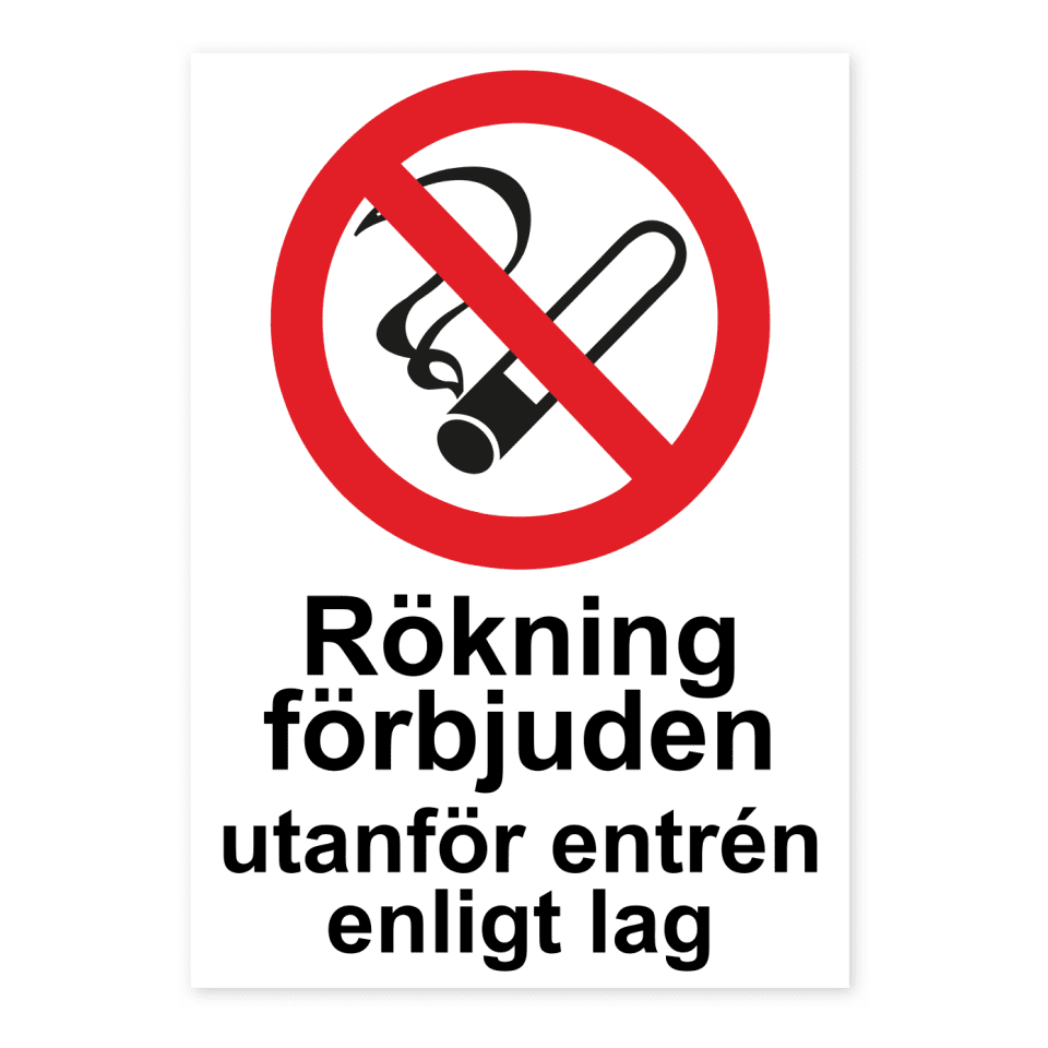 Rökning förbjuden utanför entrén enligt lag-skylten har storleken 148x210mm och tillverkas i materialet Dekal. Denna standardskylt kan anpassas så att du kan skapa din egen version av skylten.